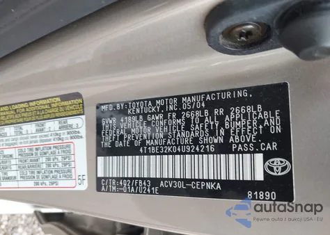2004 Toyota Camry Le from USA, damaged, VIN 4T1BE32K04U924216